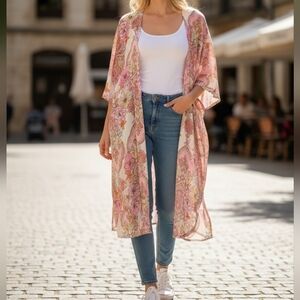 Umgee Women's Floral Pink Kimono Cardigan Open Front Size S/M